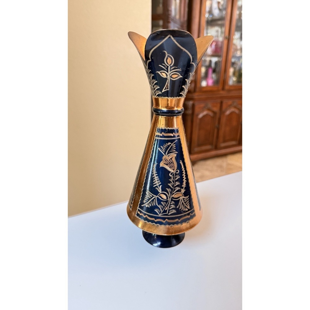 Vintage Enamel Copper Vase Blue Engraved Floral Mid Century Boho Decor